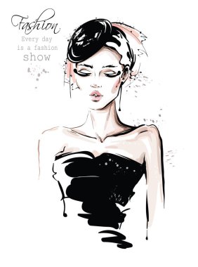 Siyah şapkalı güzel genç bir kadın el çizdi. Şık kız. Moda kadın bakmak. Çizim. Vektör çizimi.
