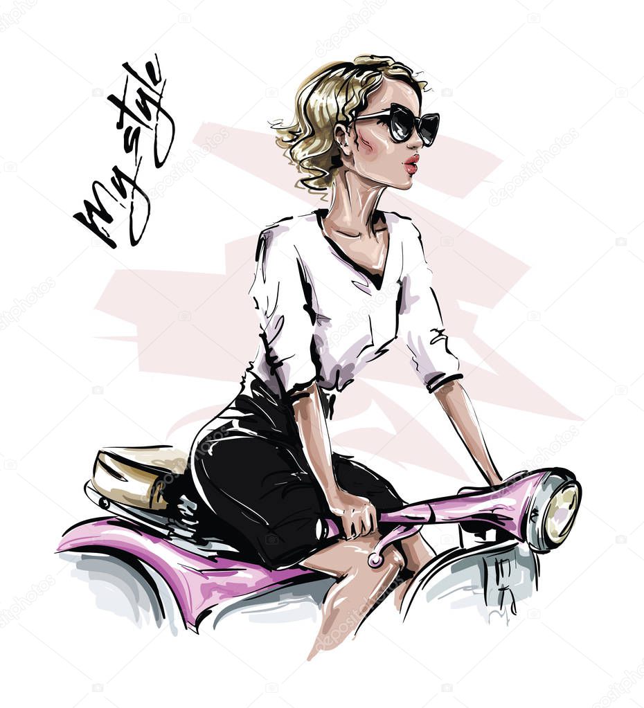 Hand drawn beautiful young woman in sunglasses. Stylish girl sitting on bike. Fashion woman look. Sketch. Vector illustration. 