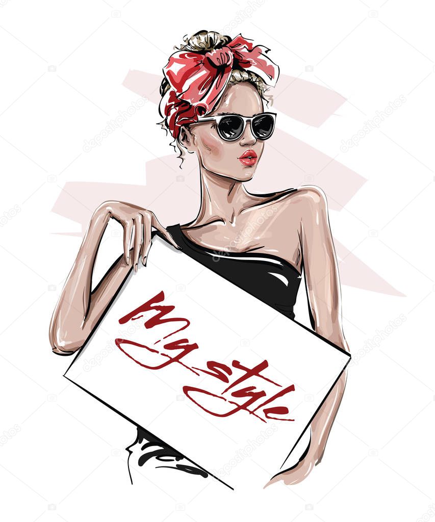 Hand drawn beautiful young woman in sunglasses holding poster. Stylish girl with bow on her head. Fashion woman look. Sketch. Vector illustration. 