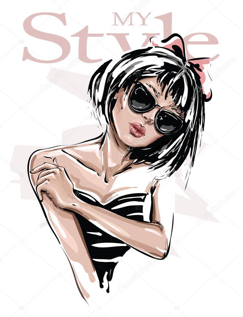 Hand drawn beautiful young woman in sunglasses. Stylish girl. Fashion woman look. Sketch. Vector illustration. 