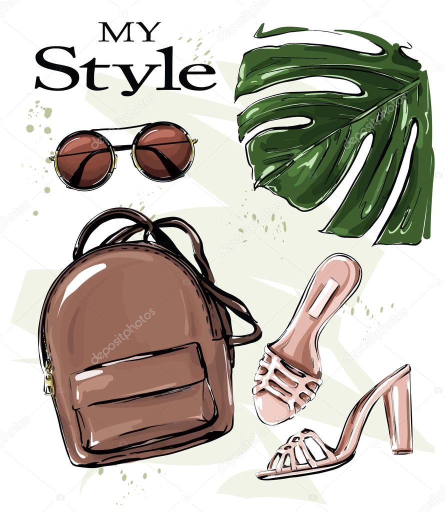 Hand drawn stylish set with backpack, shoes, sunglasses and palm leaf. Fashion set. Beautiful female outfit. Flat lay. Vector illustration. 