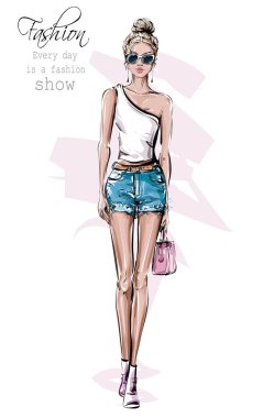 Güneş gözlüğü yle el çizilmiş güzel genç kadın. Moda kadın kıyafeti. Kot şort şık kız. Moda kadın bakmak. Çizim. Vektör çizimi. 