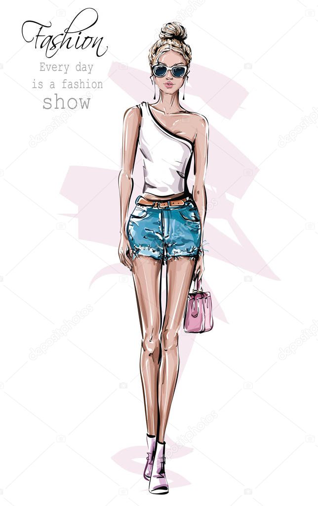 Hand drawn beautiful young woman in sunglasses. Fashion female outfit. Stylish girl in jeans shorts. Fashion woman look. Sketch. Vector illustration. 