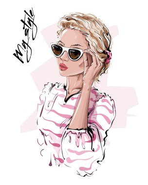 El gözlüğü güzel genç kadın çizilmiş. Şık kız. Moda kadın bak. Çizim. Vektör Illustration. 