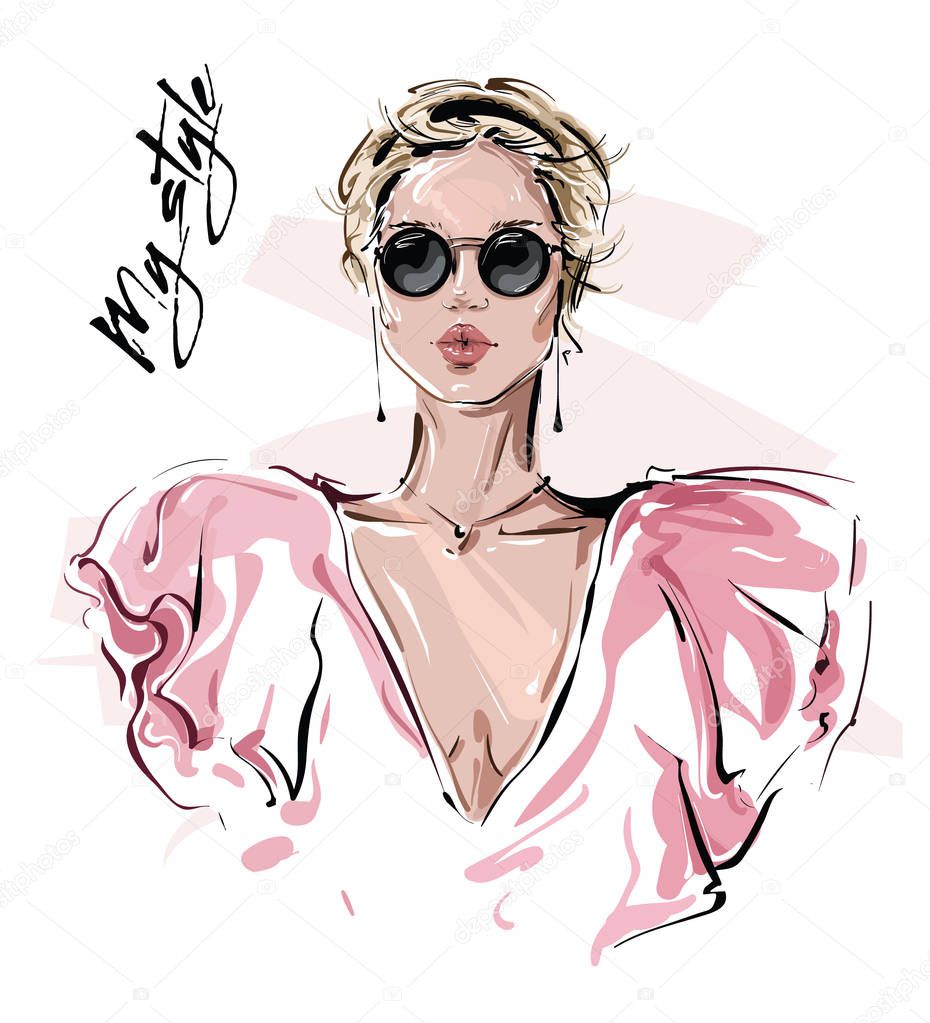 Hand drawn beautiful young woman in sunglasses. Stylish girl. Fashion woman look. Sketch. Vector illustration. 