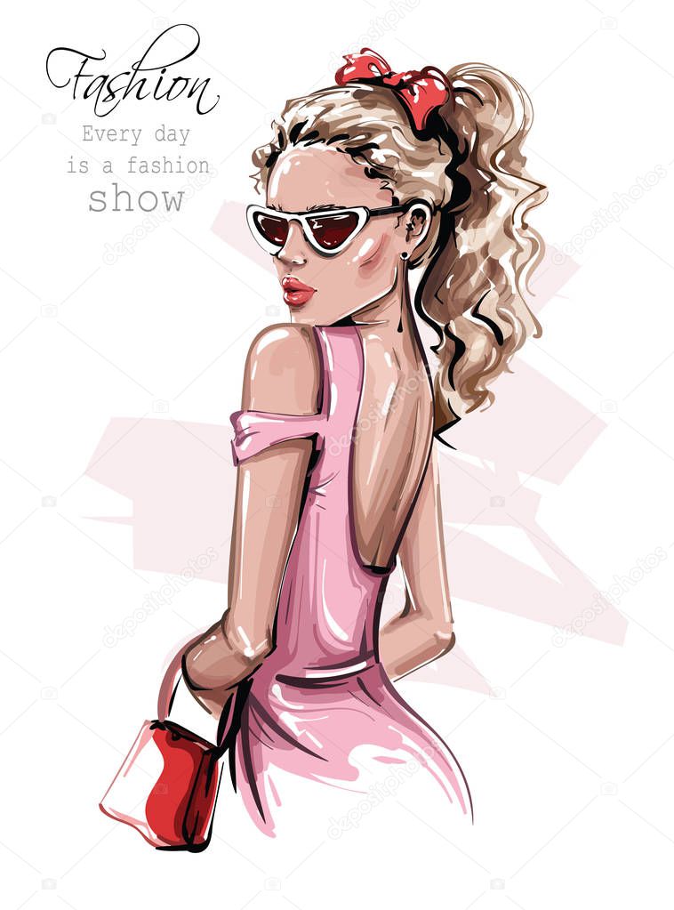 Hand drawn beautiful young woman in sunglasses. Stylish girl with bag. Fashion woman look. Fashion girl with bow on her head. Sketch. Vector illustration. 