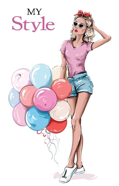 手拉着戴着太阳镜的漂亮的年轻女子 一个带着彩色气球的时髦女孩 时尚女人看 矢量说明 — 图库矢量图片