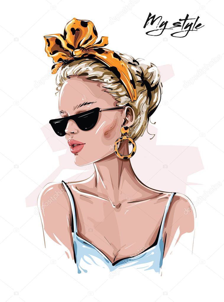 Hand drawn beautiful young woman in sunglasses. Stylish girl in headband with leopard print. Fashion woman look. Sketch. Vector illustration.