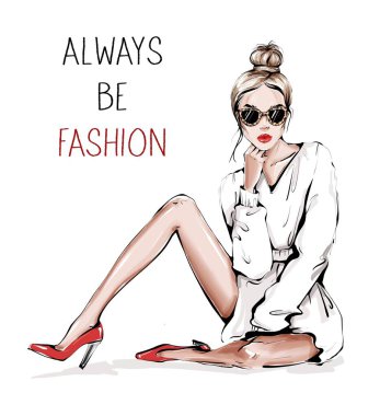 Güneş gözlüklü, leopar desenli güzel bir kadın. Moda kadını. Bun saç stili olan kız. Robot resim. Moda çizimi.