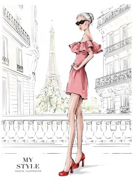Pembe elbiseli güzel bir kadın. Güneş gözlüklü şık bir kız. Yüksek topuklu bir kadın. Paris sokağı geçmişi olan bir moda kadını. Moda çizimi.
