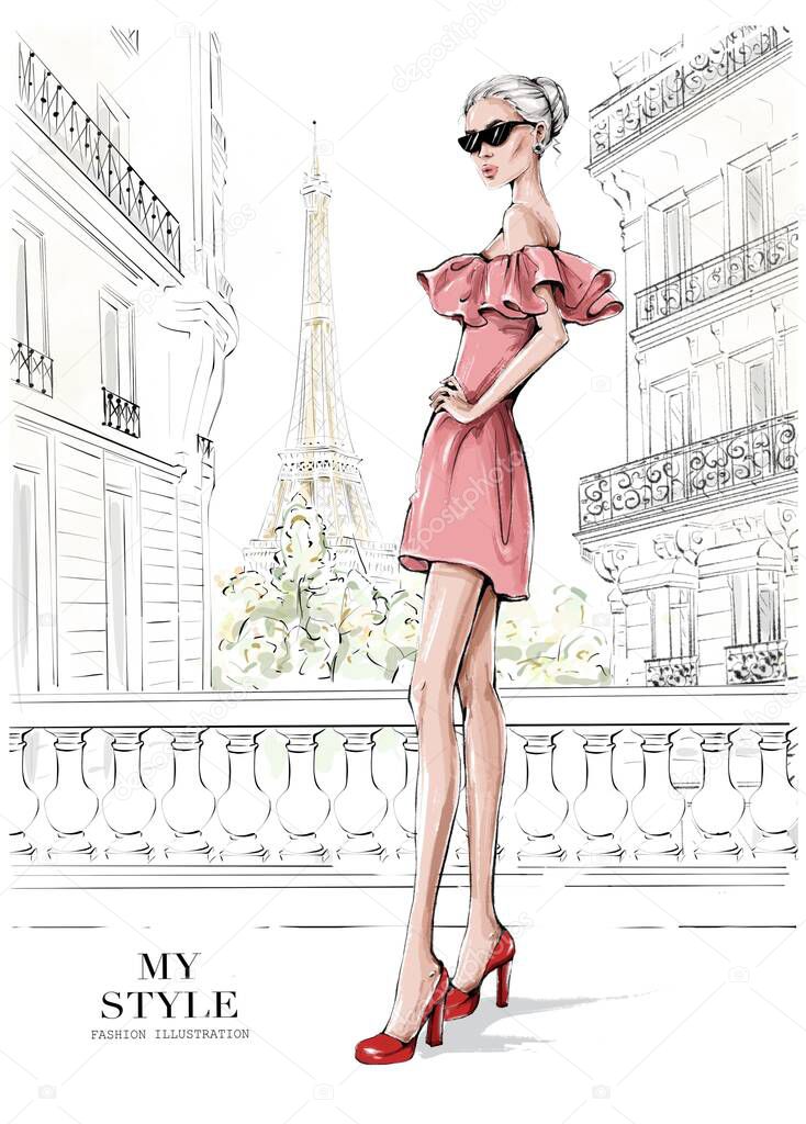 Hand drawn beautiful young woman in pink dress. Stylish girl in sunglasses. Woman in high heels. Fashion woman with Paris street background. Fashion illustration.