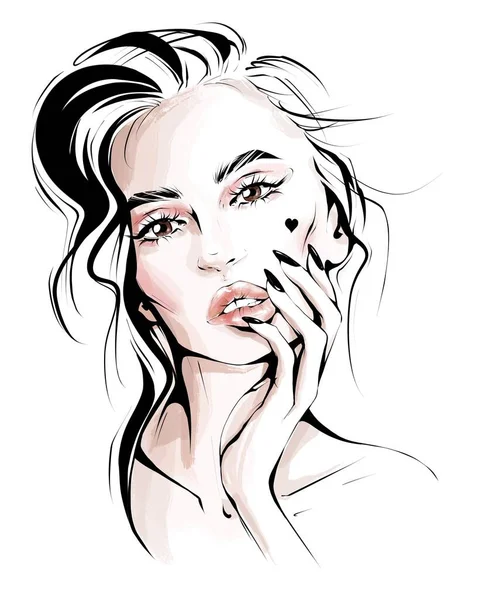 Hand drawn beautiful woman face. Stylish blonde hair girl. Fashion woman. Sketch. Fashion illustration.