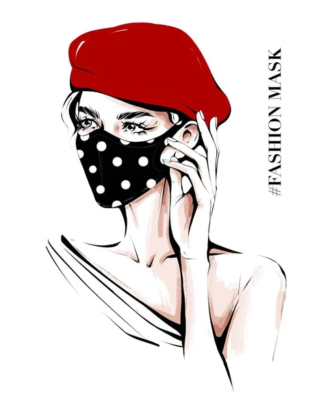 Hand drawn beautiful young woman in ear loop face mask. Stylish girl in red cap. Woman wearing medical mask. Fashion mask. Sketch. Coronavirus concept. Fashion illustration.