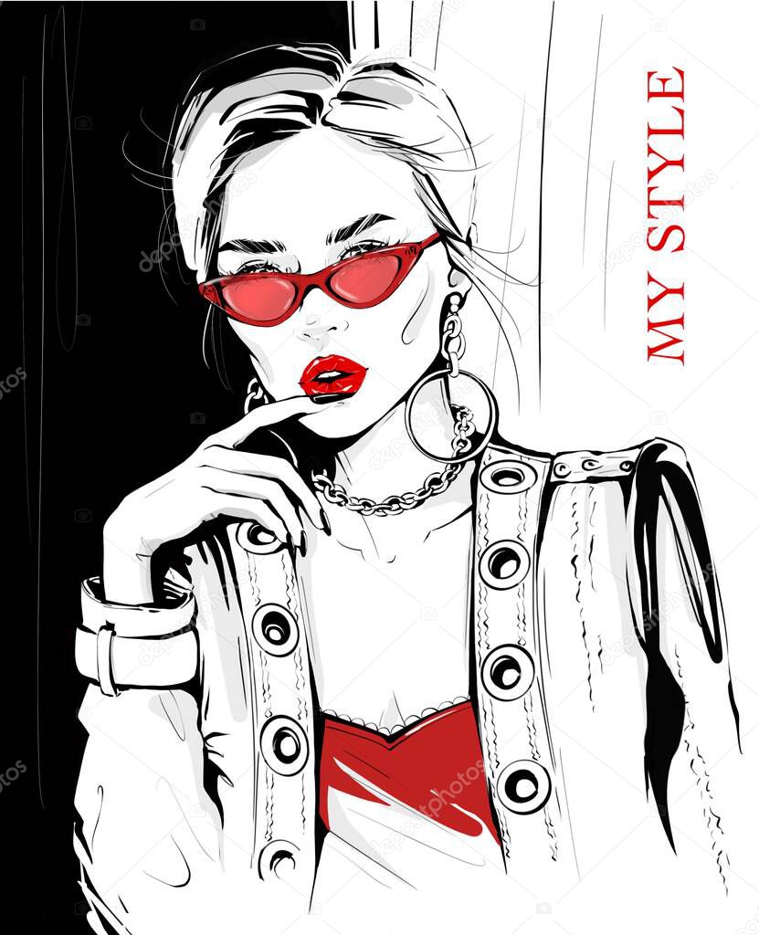 Hand drawn young woman in leather jacket. Rock style fashion girl. Stylish woman. Sketch. Fashion illustration.