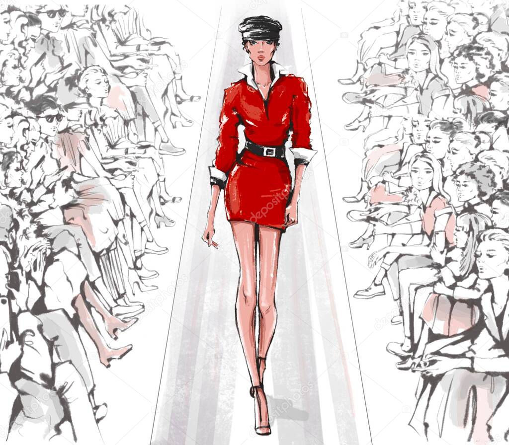 Hand drawn fashion show with stylish model and audience. Fashion runway. Haute couture. Beautiful young woman walking runway. Looped animation.