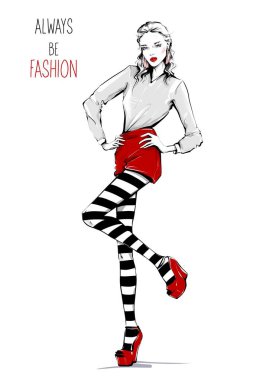 Çizgili taytlı güzel bir kadın. Kırmızı etekli ve ayakkabılı moda kadını. Şık bir kız. Moda çizimi.