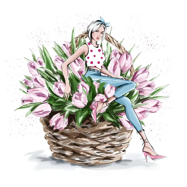 Main Dessinée Belle Jeune Femme Assise Dans Panier Fleurs Femme — Photo