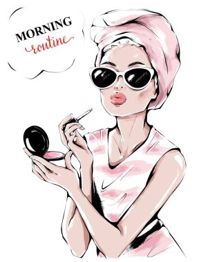 Hand drawn beautiful young woman in sunglasses. Fashion woman painting her lips. Fashion girl making makeup. Beautiful girl with bath towel on her head. Sketch. Fashion illustration. clipart