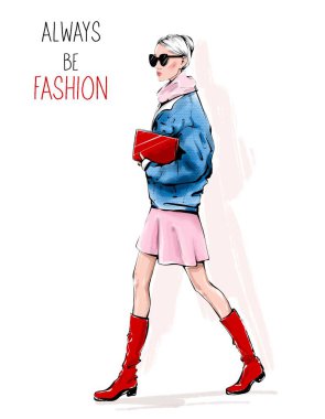 Güneş gözlüklü güzel bir kadın. Moda kadını yürüyor. Kırmızı ayakkabılı moda kızı. Kot ceketli güzel kız. Robot resim. Moda çizimi.