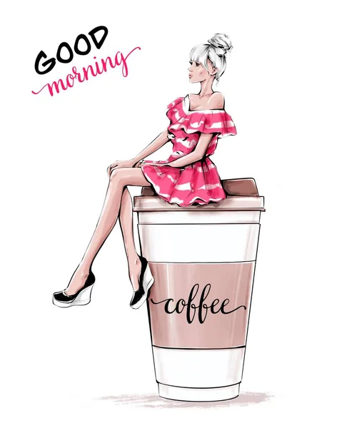 Hand drawn beautiful young woman sitting on large plastic coffee cup. Fashion woman in striped pink dress. Fashion illustration.