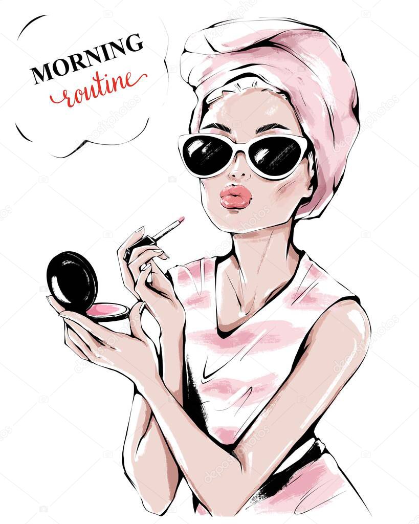 Hand drawn beautiful young woman in sunglasses. Fashion woman painting her lips. Fashion girl making makeup. Beautiful girl with bath towel on her head. Sketch. Fashion illustration.