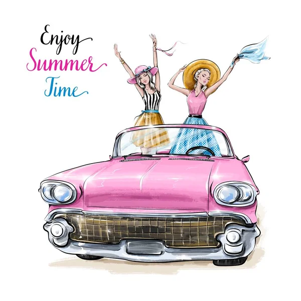 Hand drawn beautiful young women in pink car. Summer set with girls and car. Fashion women in summer clothes. Stylish girls in open two-seat car. Fashion illustration.