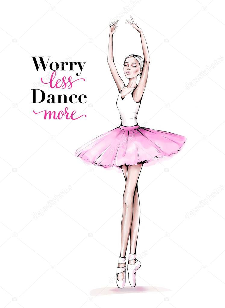 Hand drawn beautiful dancing woman. Pretty ballerina. Girl in pink point shoes. Ballerina in pink tutu. Beautiful female ballet dancer.