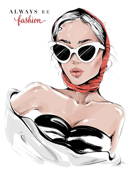 手はサングラスで美しい若い女性を描きました 彼女の頭の上に赤いカーチーフを持つファッション女性 ファッションイラスト — ストック写真