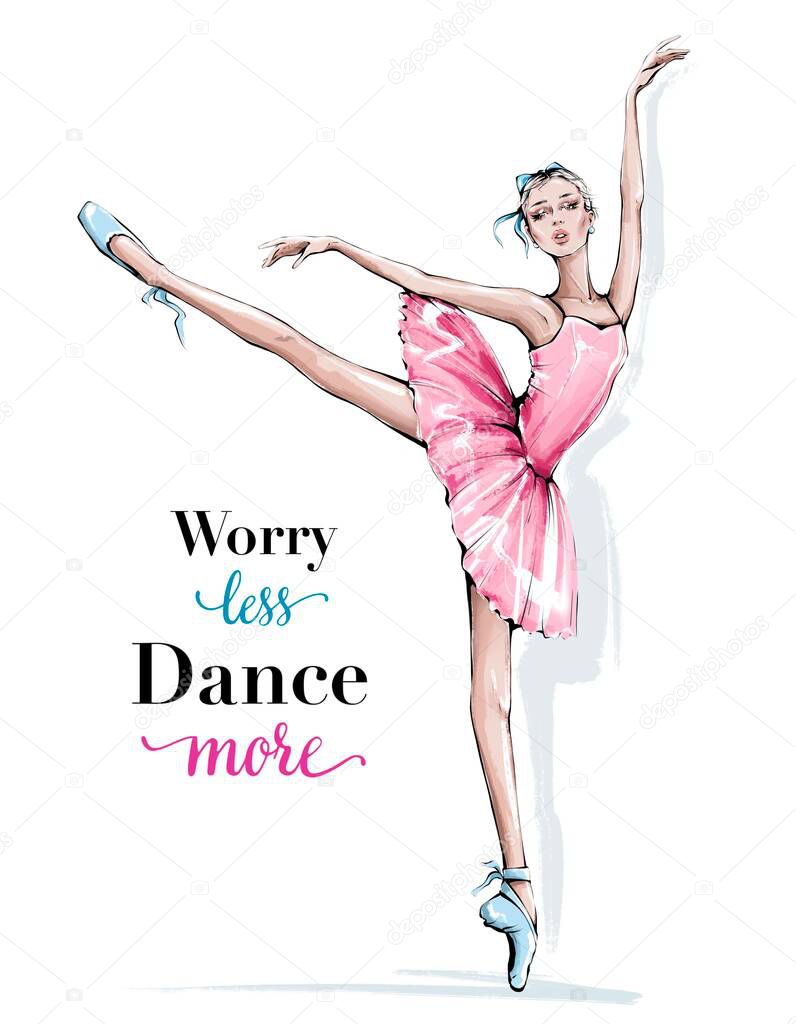 Hand drawn beautiful dancing woman. Pretty ballerina. Girl in pink dress. Beautiful female ballet dancer.