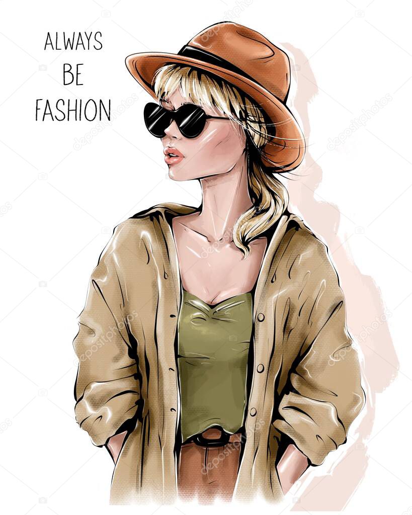 Fashion look. Beautiful young woman in sunglasses. Stylish Girl in hat.