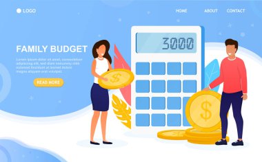 Genç Çekici Aile Para Tasarruf Eder. Aile bütçesi konsepti. Mali planlama ve Tasarruf Stratejisi. Geleceğe yatırım yapan çift paralarını bir hesap makinesine yatırıyor. Düzleştirmesi ve kişiselleştirmesi kolay.