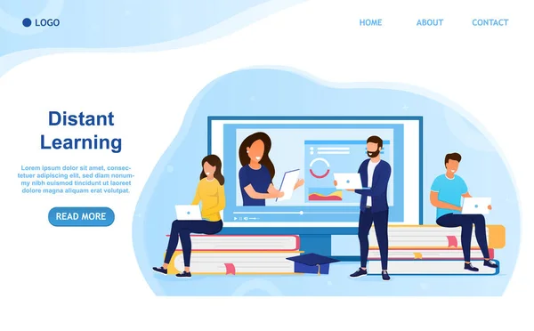 En grupp elever med bärbara datorer studerar på distans Lärare förklarar ämnet på video E-learning kurser eller träningskoncept Perfekt för landning. Webb, banderoll. Lätt att redigera och anpassa. Platt vektor — Stock vektor