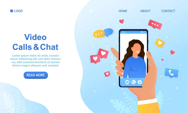Videosamtal med en tjej. Hand håller en smartphone med en söt flicka på skärmen. Digital kommunikationsteknik. Perfekt för landning, webbdesign, banner. Lätt att redigera och anpassa. Platt vektor — Stock vektor