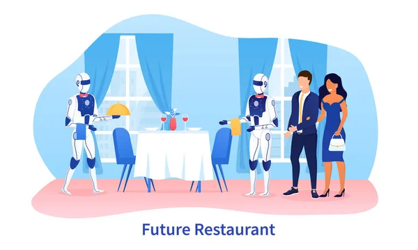 Conceito de empregado robô. Robôs andróides servem uma mesa em um restaurante. Cyborg Technologies na área de serviços. Assistente de Robô Catering. Casal no restaurante é servido por robôs. Vetor plano — Vetor de Stock