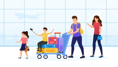 Genç ve çekici bir aile havaalanına tatile gidiyor. Çocuklar seyahate çıktıkları için mutlular. Bir adam havaalanı terminalinin kapısına bavulları taşıyor. Bagajla Uçakla Seyahat eden Yolcular