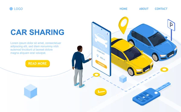 L'uomo afroamericano sceglie un'auto utilizzando un'applicazione mobile su uno smartphone. Servizio di car sharing. Trasporti urbani. Servizio di noleggio auto. Tecnologia moderna del veicolo. Illustrazione vettoriale isometrica 3d — Vettoriale Stock