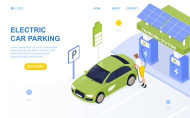 Elektrikli Otomobil Otoparkı. Şarj istasyonu. Çekici kız arabayı şarj ediyor. Lityum iyon pilli araç. Arabayı şarj etme işlemi. İniş, ağ, pankart ya da reklam için mükemmel. Vektör