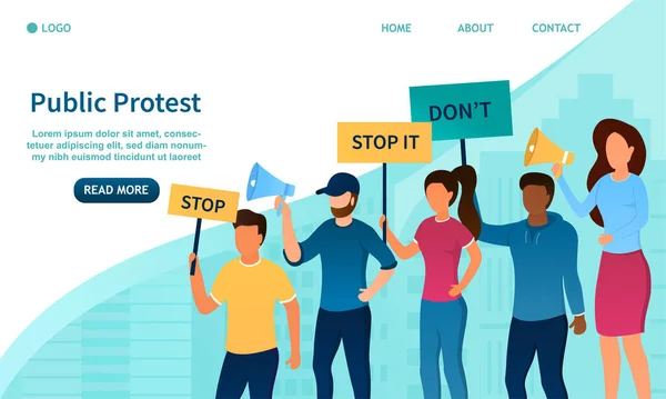 Concepção de protesto. Grupo de pessoas raças diferentes na rua com banners. A luta pelos direitos humanos. Greve dos trabalhadores. Ativistas contra a injustiça. Perfeito para landing page, banner, web. Vetor — Vetor de Stock