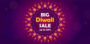 Diwali festivali büyük indirim. Mor renkler. Gaz lambaları festivali. Satılık Diwali pazarlama çözümü. Vektör çizimi. Bir sitede ya da sosyal ağda poster ya da afiş. İndirime odaklanmış durumda..