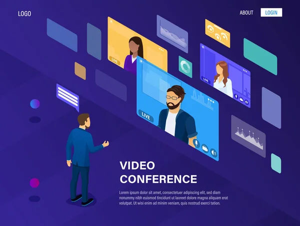 El concepto de videoconferencia moderna y trabajo remoto. El jefe gestiona la empresa a través de la comunicación por vídeo. Reunión en línea. Webinar. Servicio de videocomunicación. Grande como una landing page Vector — Archivo Imágenes Vectoriales