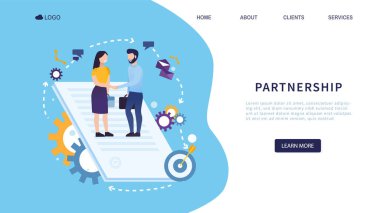 Vektör çizimi. İki iş adamı arasındaki ortaklık kavramı. İş kadını bir ortakla anlaşma yapıyor. Anlaşma süreci ve bir sözleşmenin imzalanması Vektör İniş Sayfası