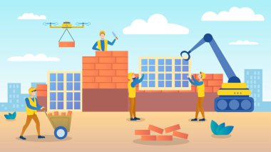 Professional builders in uniform building the house, attract new technologies for construction. Drone, unmanned aerial vehicle. Work process for construction. Vector illustration of flat cartoon vector