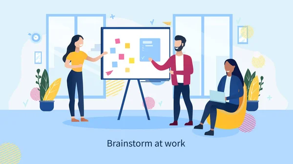 Teamet kommer med nya kreativa lösningar på kontoret. Arbetsflöde av beslutsfattande. Brainstorms möteskoncept. Människor som arbetar med projektet delar med sig av sina tankar och diskuterar idéer. Vektor — Stock vektor
