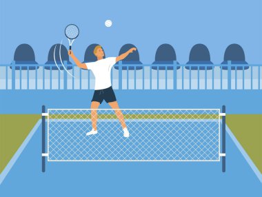 Tenis oyuncusu yarışmalara katılır. Arkasında tribünler var. Tenis elbiseli bir adam top atar. Mavi kort ve ağ. Bir adam hafta sonları aktif sporla meşgul olur. Vektör illüstrasyonu