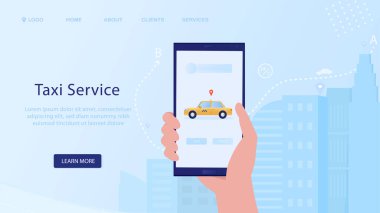 Online taksi servisi. Akıllı telefondan araba sipariş etmek. Taksi siparişi uygulaması. İniş Sayfası elle ve şehir silueti arka planda. Taksi Taksiciliği Çevrimiçi Kullanılabilir Şehir. Düz Çizim Vektörü