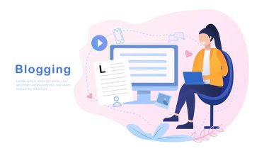 Video blogcu blog ya da vlog incelemesi için video hazırlıyor. Sevimli kız video blogcu ve kamera. Vektör düz resimleme.