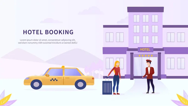 Hotel taxi cab service concept. Tourist arrives by taxi to the hotel. A mobile application for booking a taxi. Landing Page. Flat Vector Illustration — Stock Vector