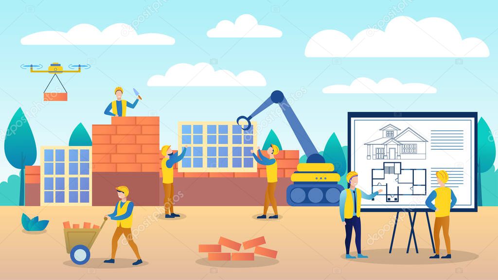 Engineers are considering a house construction plan. The construction manager reports to the senior manager. Employees try to keep up with the schedule. Vector flat cartoon illustration