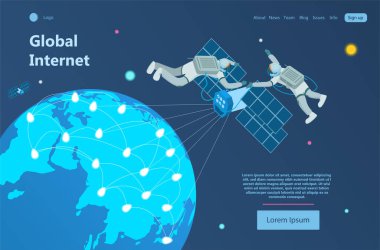 Küresel ağ kavramı. Global İnternet erişimi ve bilgi paylaşımı. Uyduların ve gezegeni kaplayan yeni teknolojilerin yardımıyla. İniş sayfası web tasarımı. 3d Isometric Vektör İllüstrasyonu