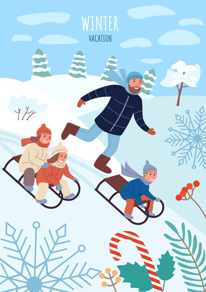 Dad and kids have fun in the winter vacation. Joyful children ride on sledges from the hill, their father runs with them and monitors the safety. Winter vacation card. Flat Cartoon Vector Illustration
